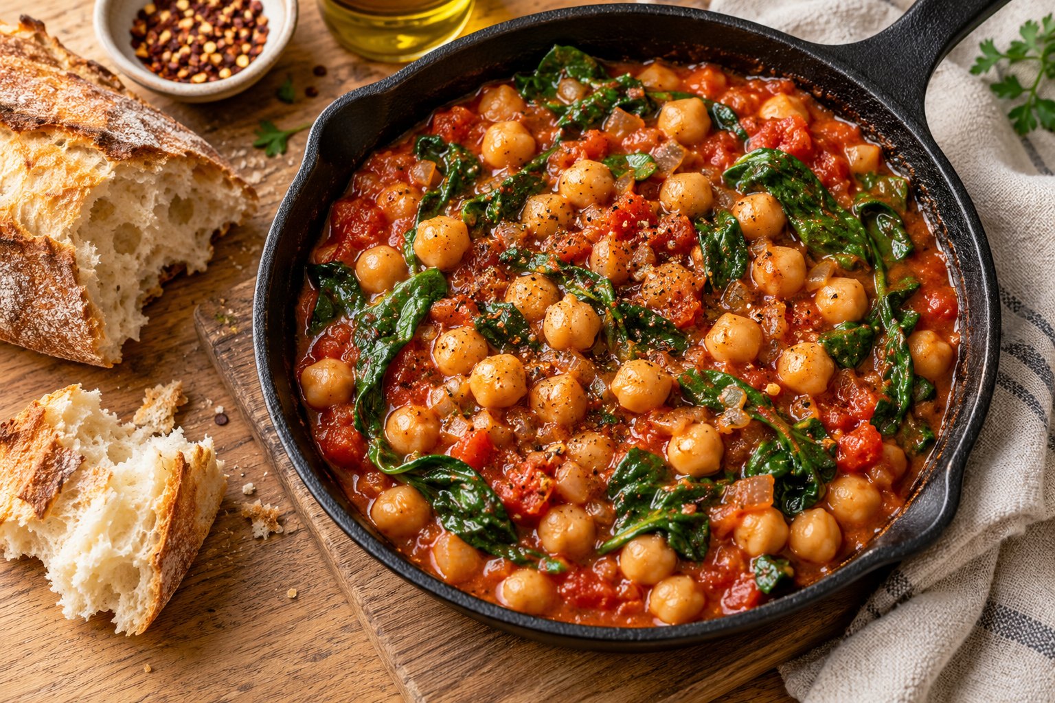 Cozy chickpea & spinach skillet — serving illustration