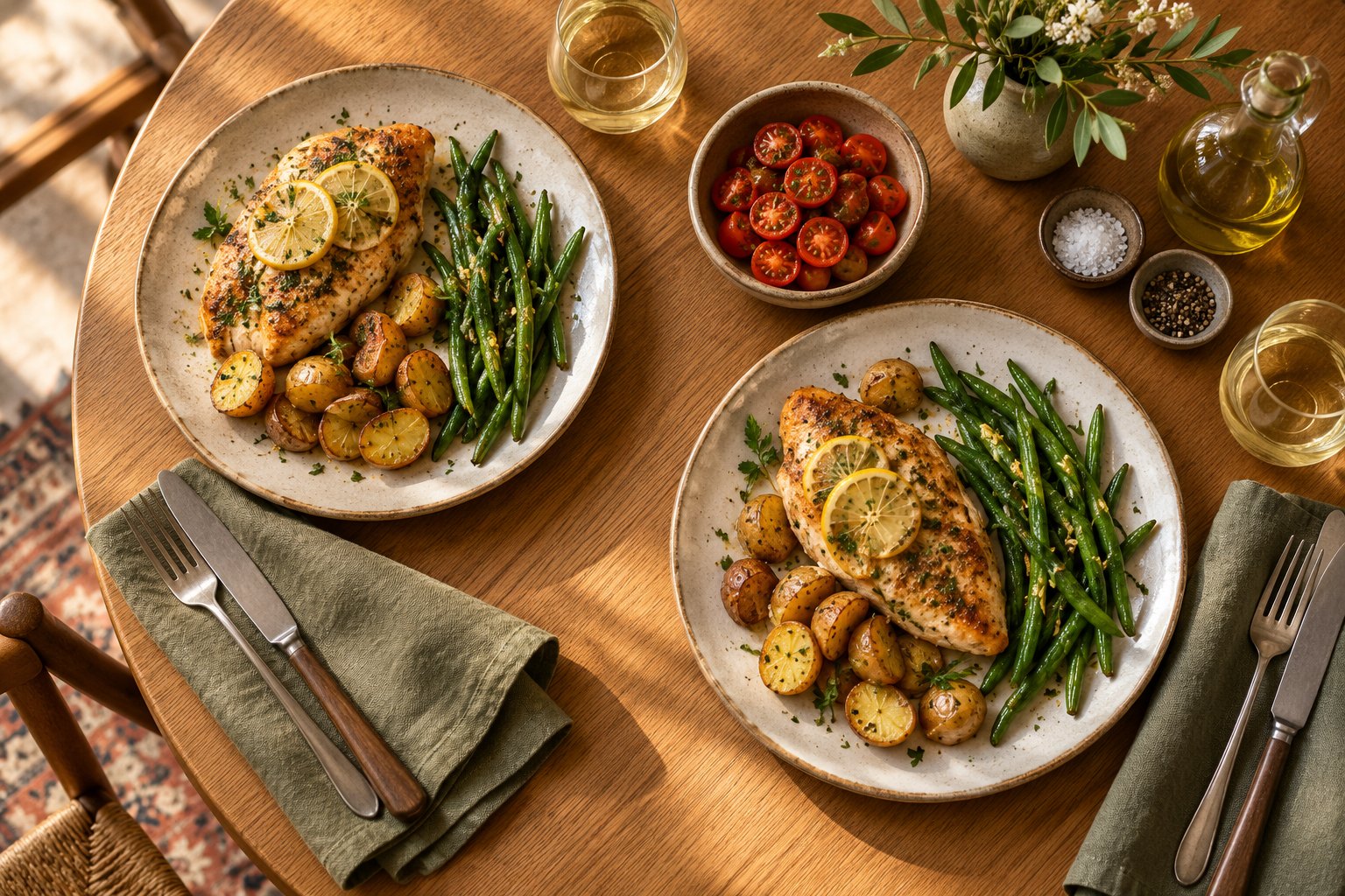 Illustrative overhead view of a lemon chicken dinner set for two